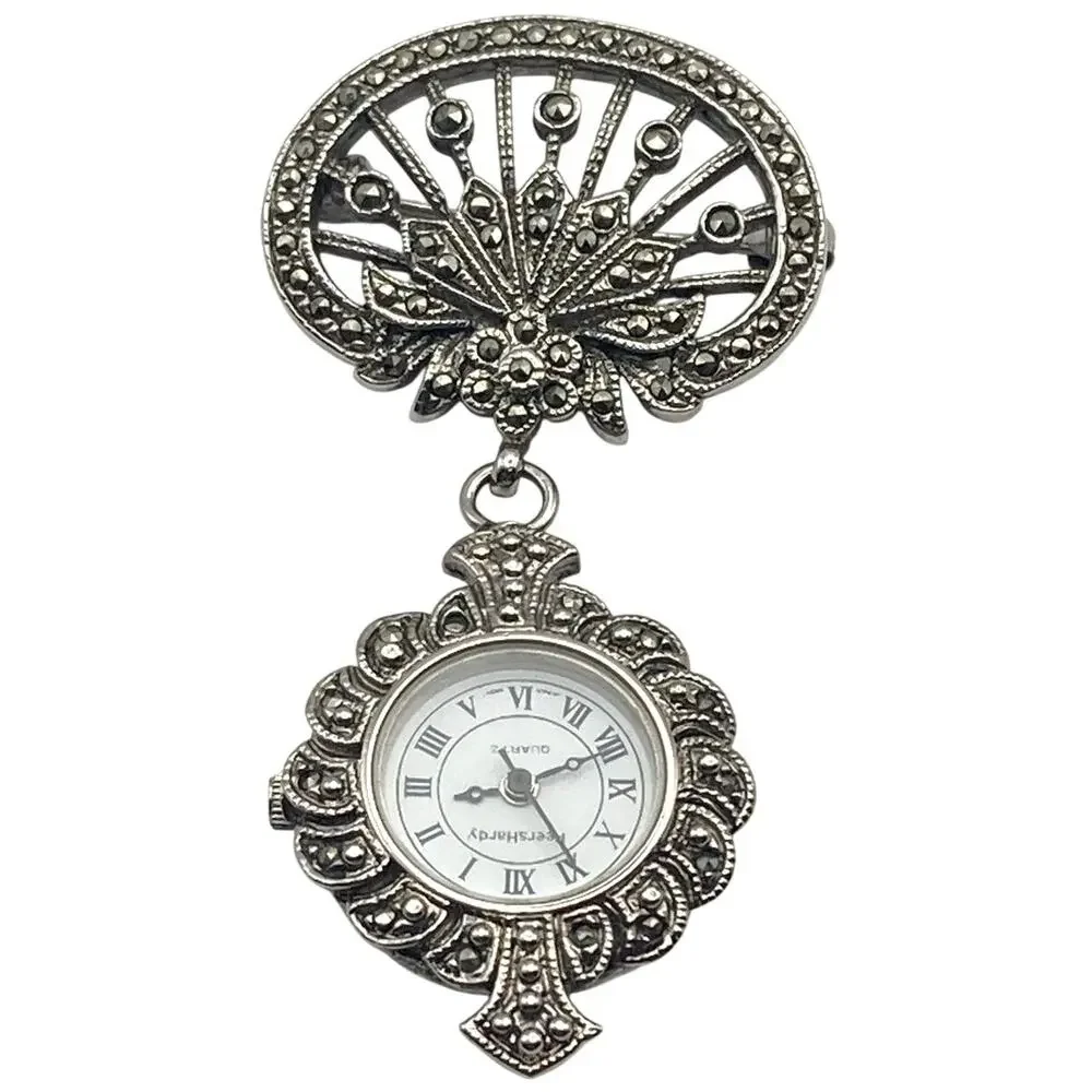 Women's Art Deco Brooch Watch Peers Hardy - New Battery - Marcasite Like Stones